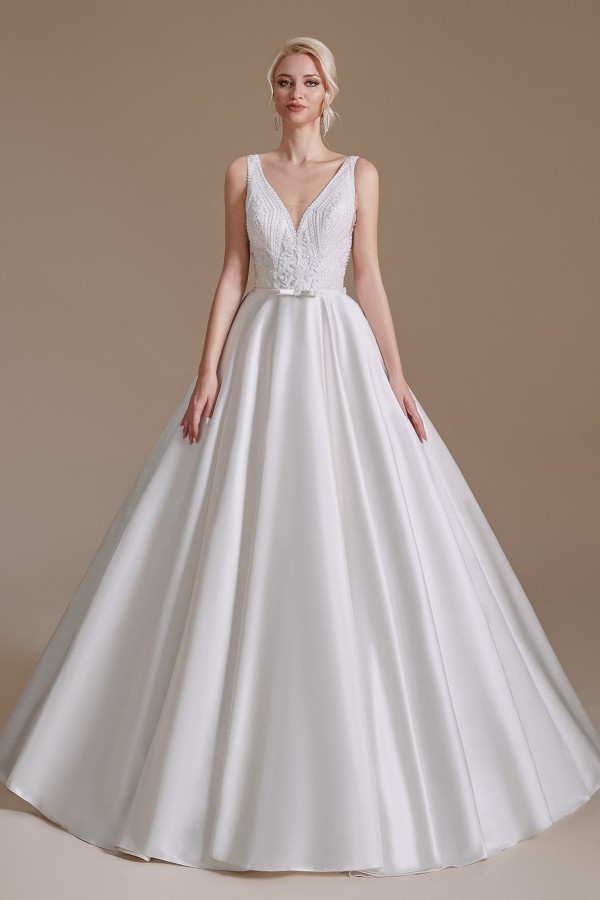 Charming A-Line V-Neck Satin Long Wedding Dress with Appliques Lace