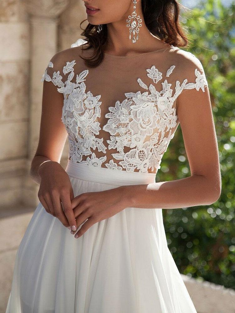 Lace Appliques Beach Wedding Dress Slit
