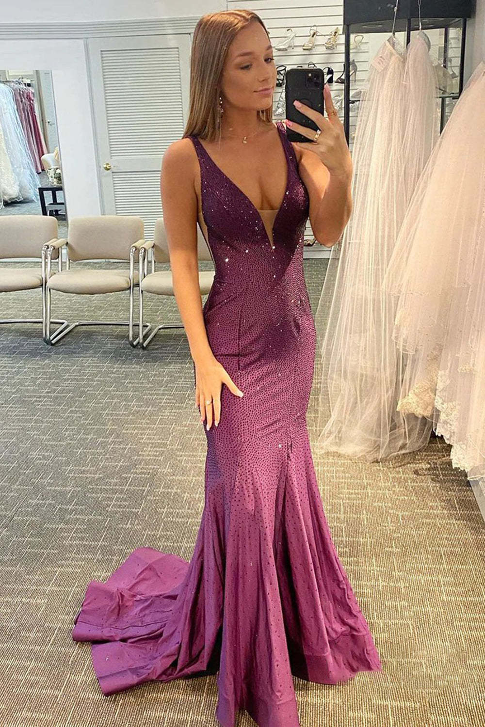 Pink Long Prom Dress with Beading in a Mermaid Deep V Neck