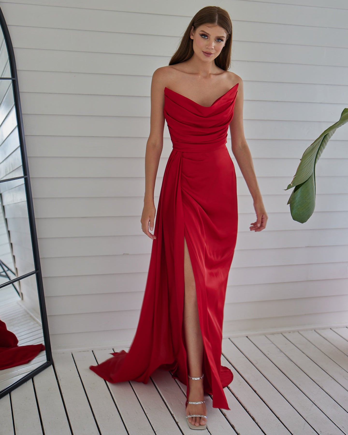 Fashionable Satin Maxi Strapless Wedding Guest or Prom Dress
