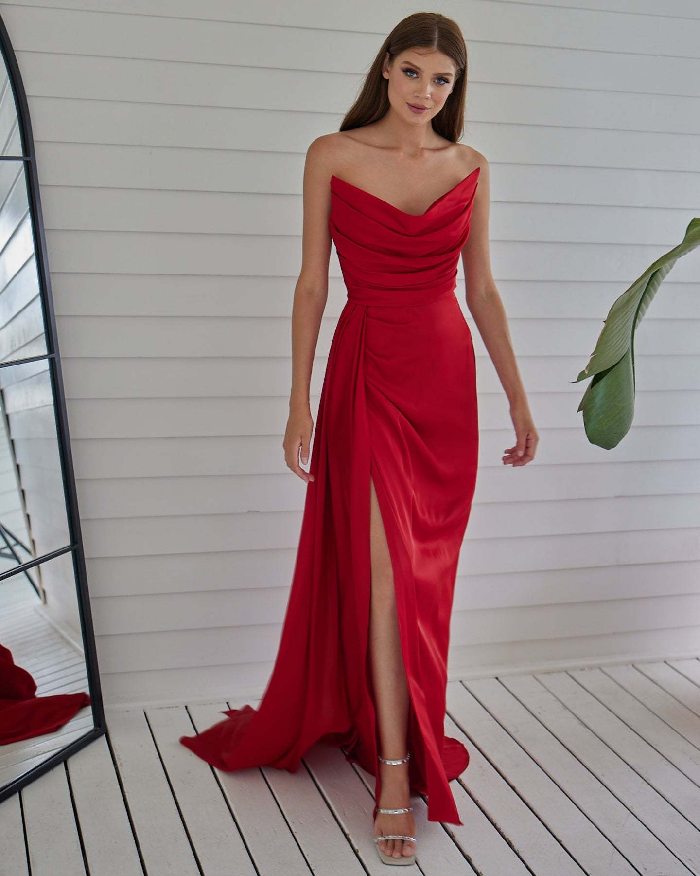 Fashionable Satin Maxi Strapless Wedding Guest or Prom Dress