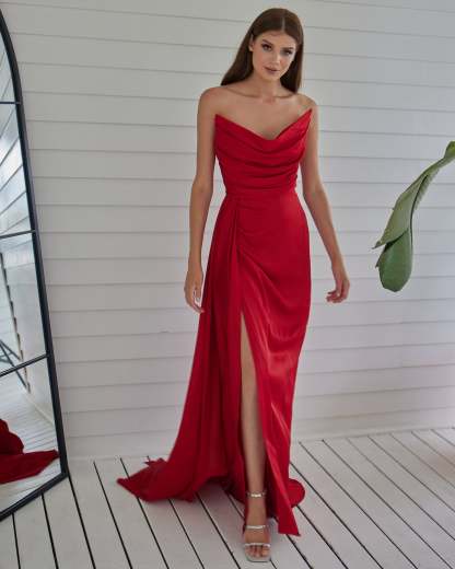 Fashionable Satin Maxi Strapless Wedding Guest or Prom Dress