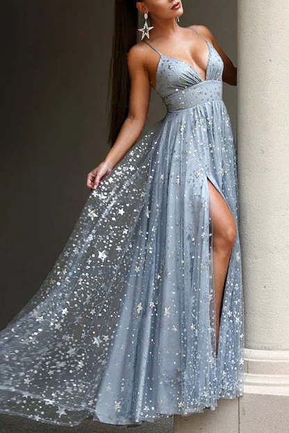 A-line Prom Dress in Grey Tulle Featuring a Slit