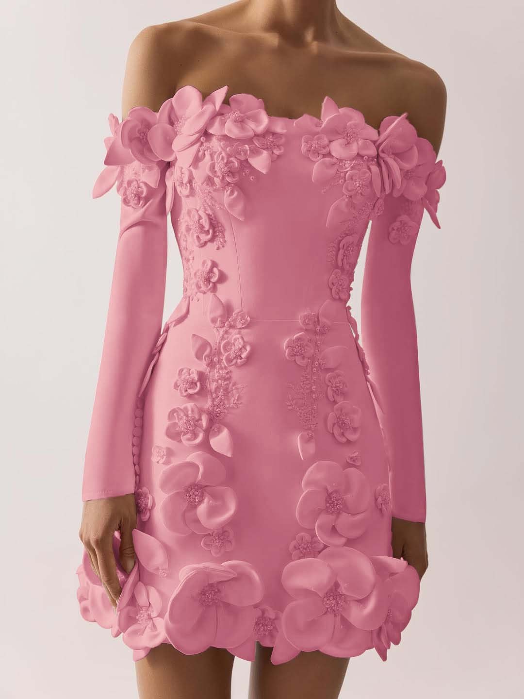 Off the Shoulder Long Sleeves Short Formal Dress With Appliques