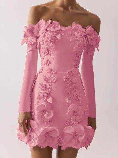 Off the Shoulder Long Sleeves Short Formal Dress With Appliques