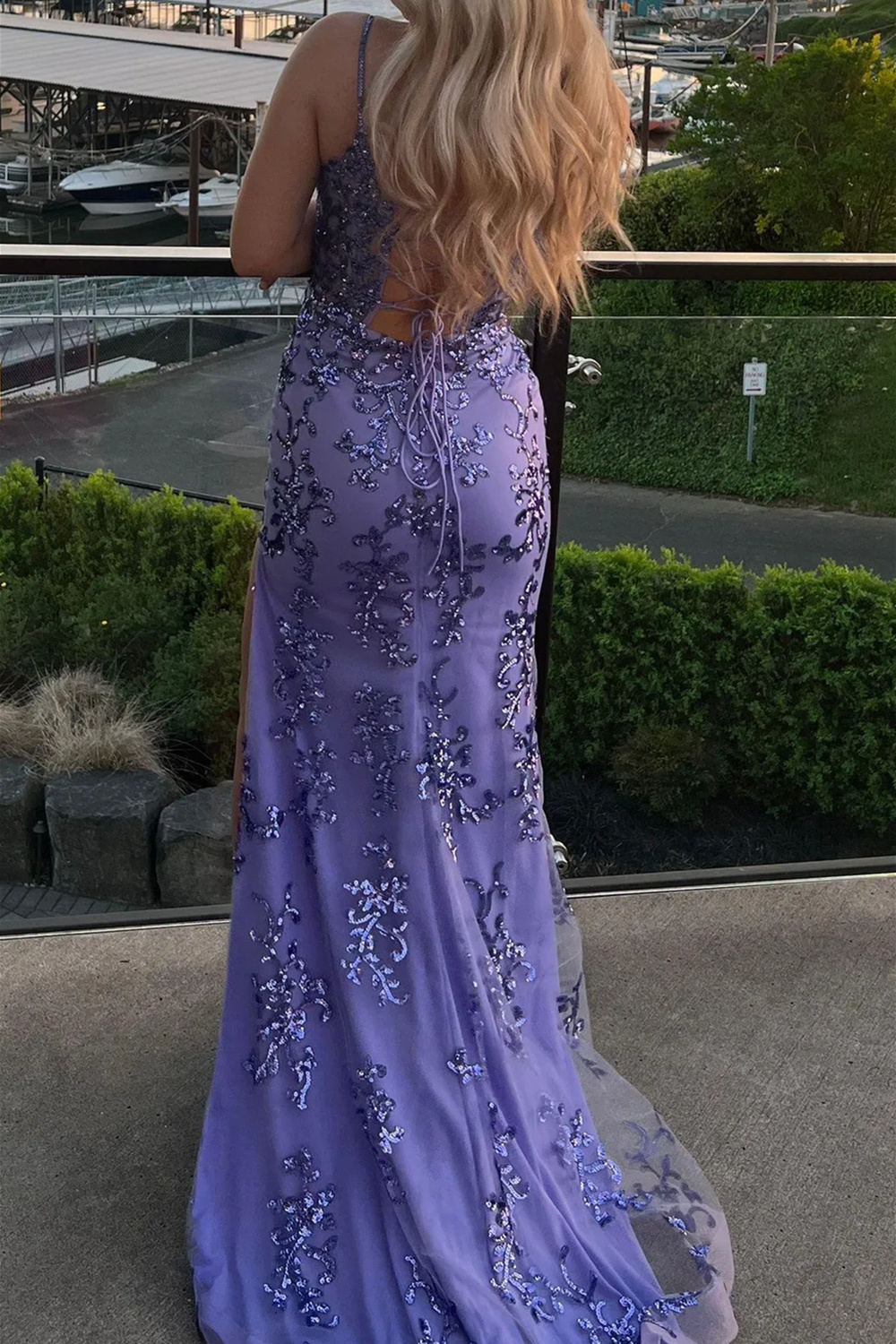 Long Blue Sparkly Prom Dress with Sheath Silhouette and Sequined Slit