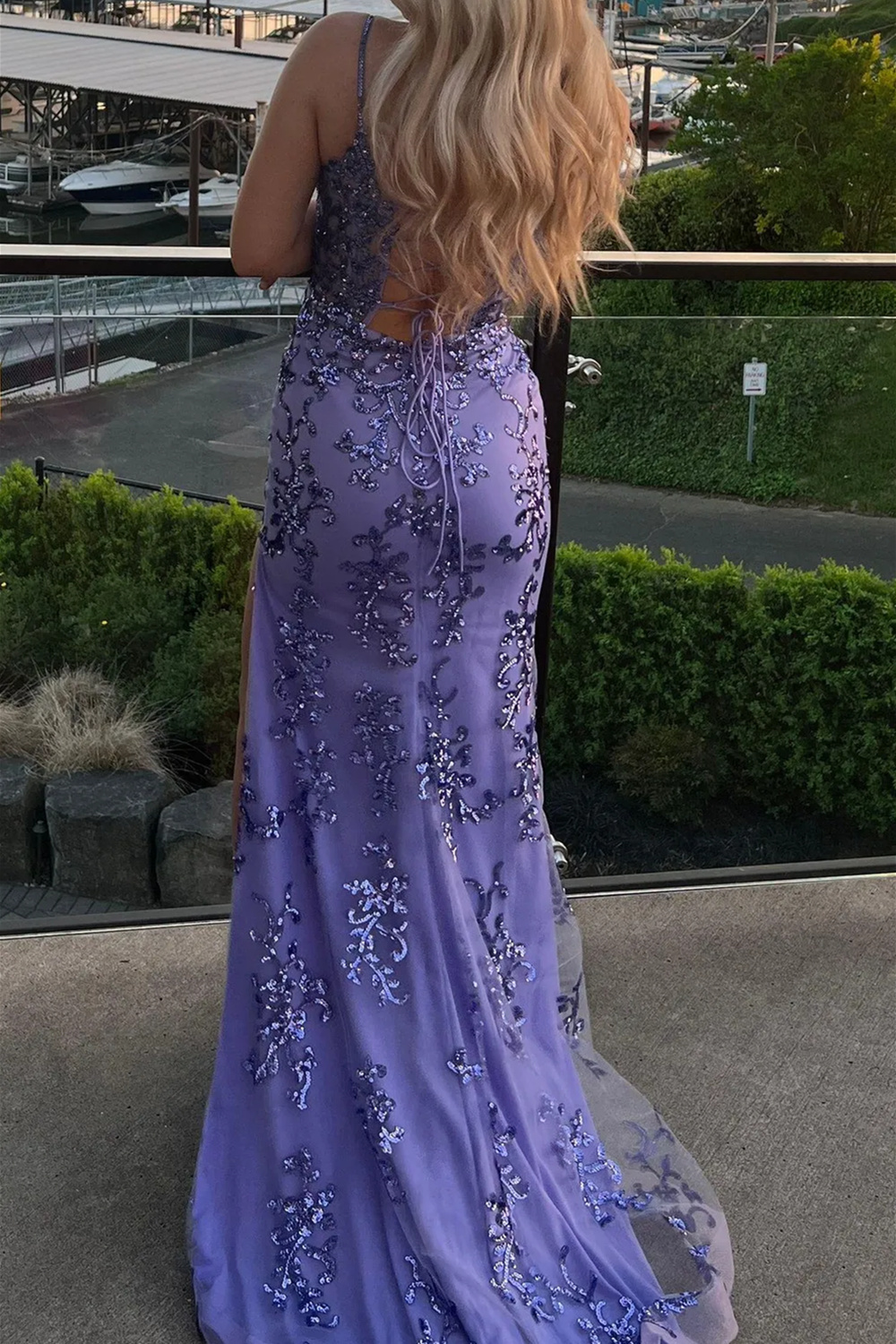 Long Blue Sparkly Prom Dress with Sheath Silhouette and Sequined Slit