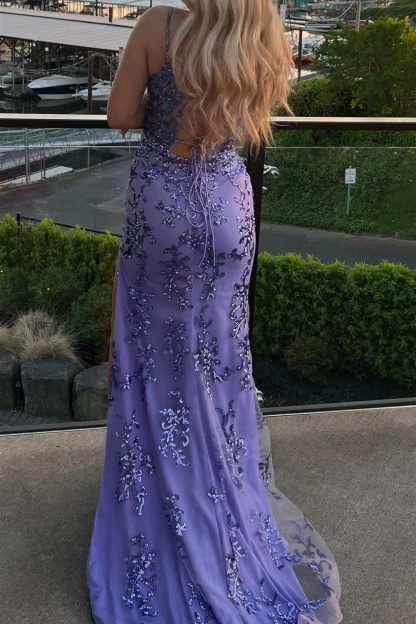 Long Blue Sparkly Prom Dress with Sheath Silhouette and Sequined Slit