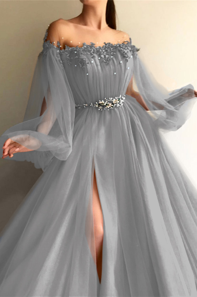 Long Sleeves Off-the-Shoulder Evening Dress With Beads