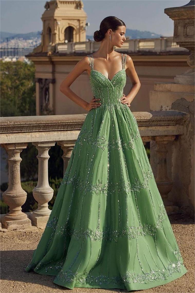 Green Spaghetti Strap Sweetheart Sleeveless Formal Dress With Bead Embroidery