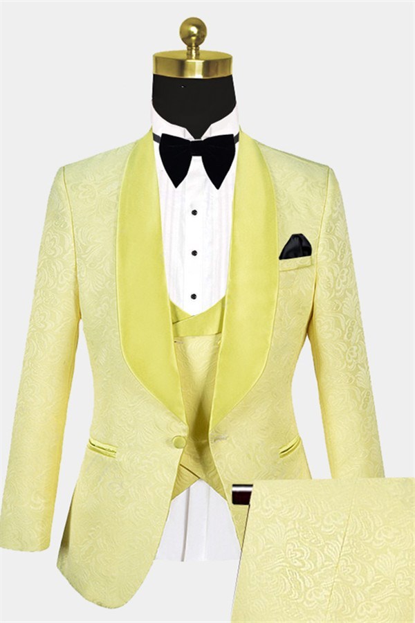 Fashion Yellow Jacquard Three-Piece Shawl Lapel Morning Suit