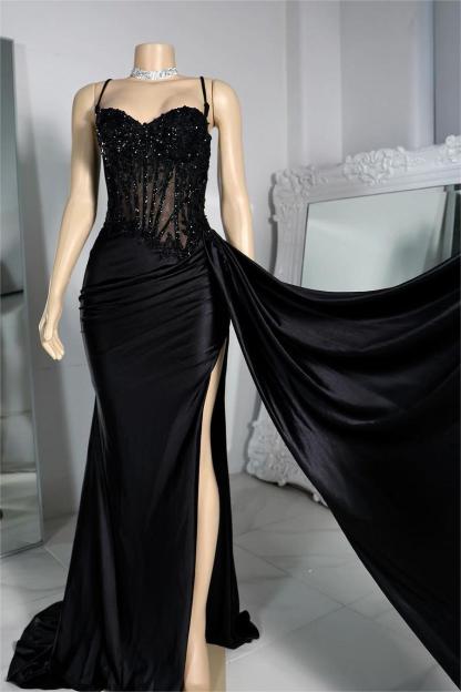 Exquisite Black Spaghetti Strap Sleeveless Pleated Long Split Formal Dress With Beading