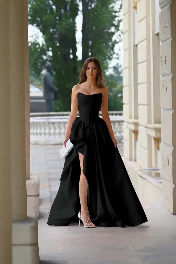 Strapless Sleeveless Side Split Long Formal Dress With Pleated