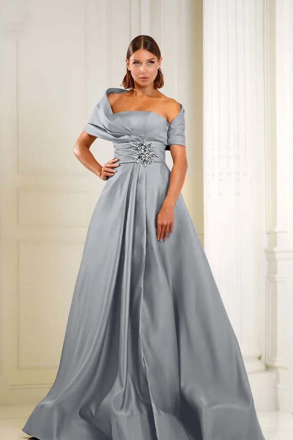 Off the Shoulder Sleeveless Long Formal Dress With Pleated Beading
