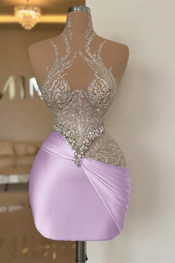 White High-Grade Exquisite Beaded Pleated Tights Short Mini cocktail Dress