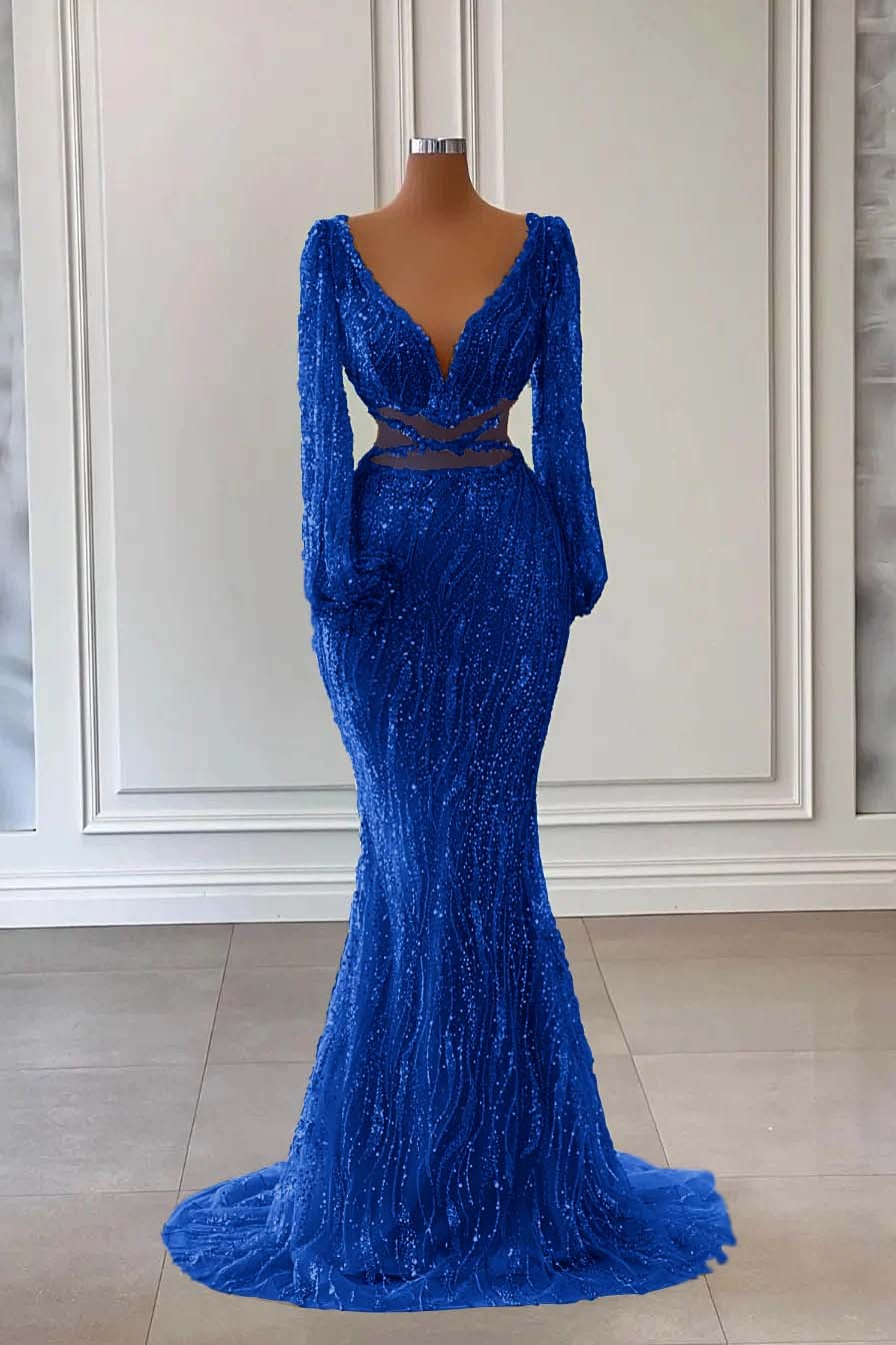 Light Green Long Sleeves V-Neck Evening Dress Mermaid With Sequins Beads