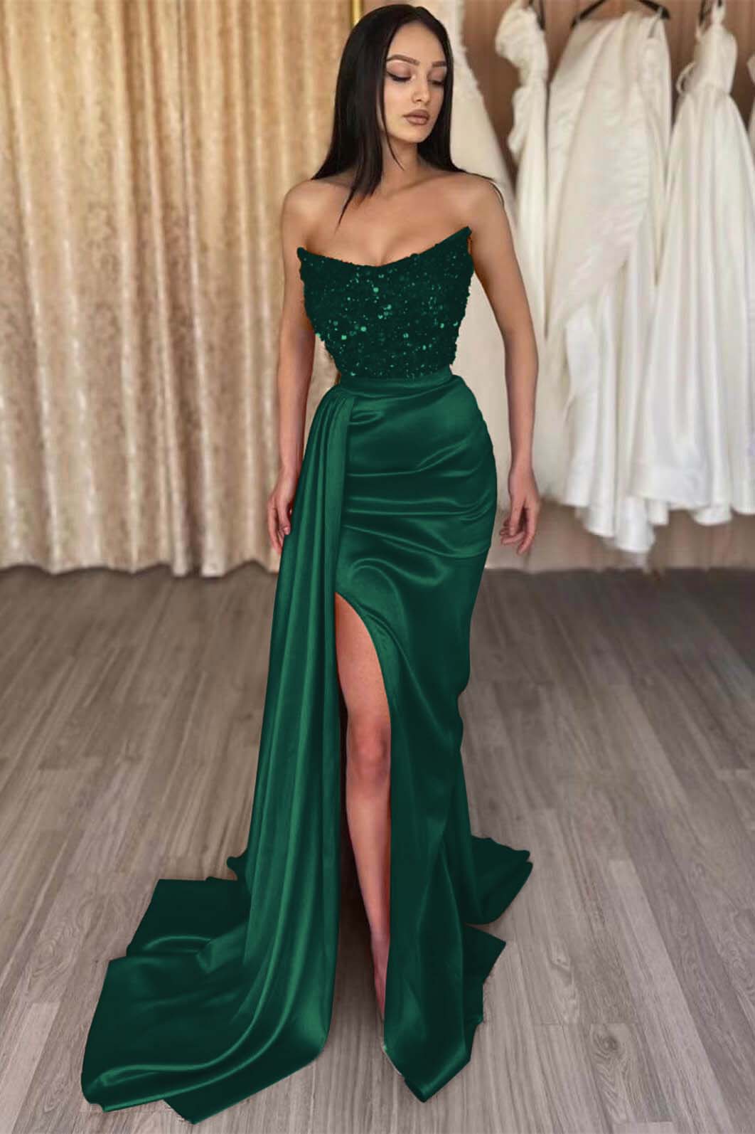 Red Strapless Elegant Sleeveless Long Sequins Formal Dress Mermaid Side Split