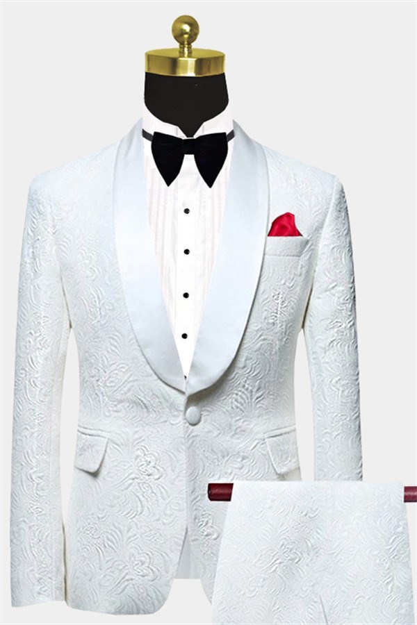 Elegant Two-Piece Shawl Lapel White Jacquard Wedding Groom Suits