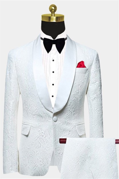 Elegant Two-Piece Shawl Lapel White Jacquard Wedding Groom Suits