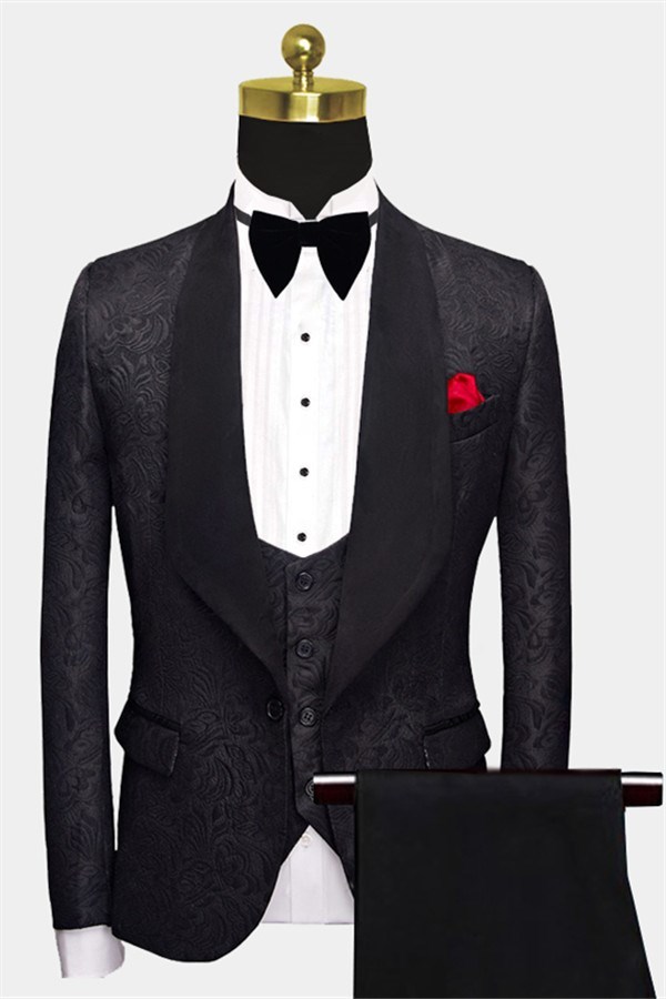 Formal Three-Piece Business Black Men's Suits Jacquard Wedding Suits