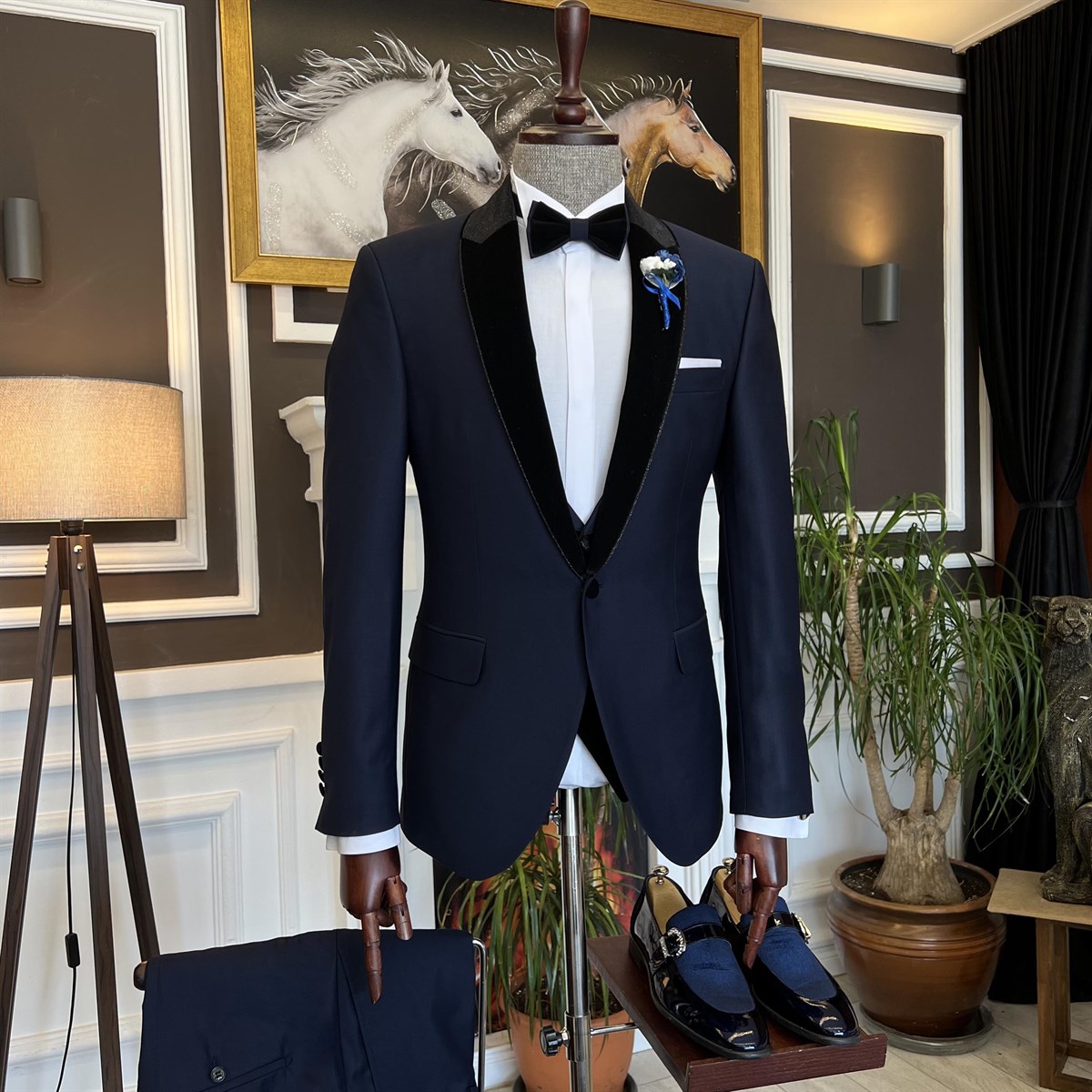 Clement Newest Dark Blue Three-Piece Splicing Shawl Lapel Men's Suits