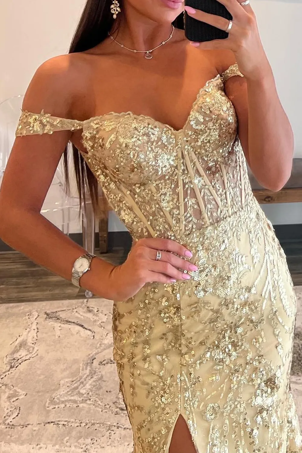 Off-the-Shoulder Long Corset Prom Dress in Black Sequins with Mermaid Silhouette and Slit