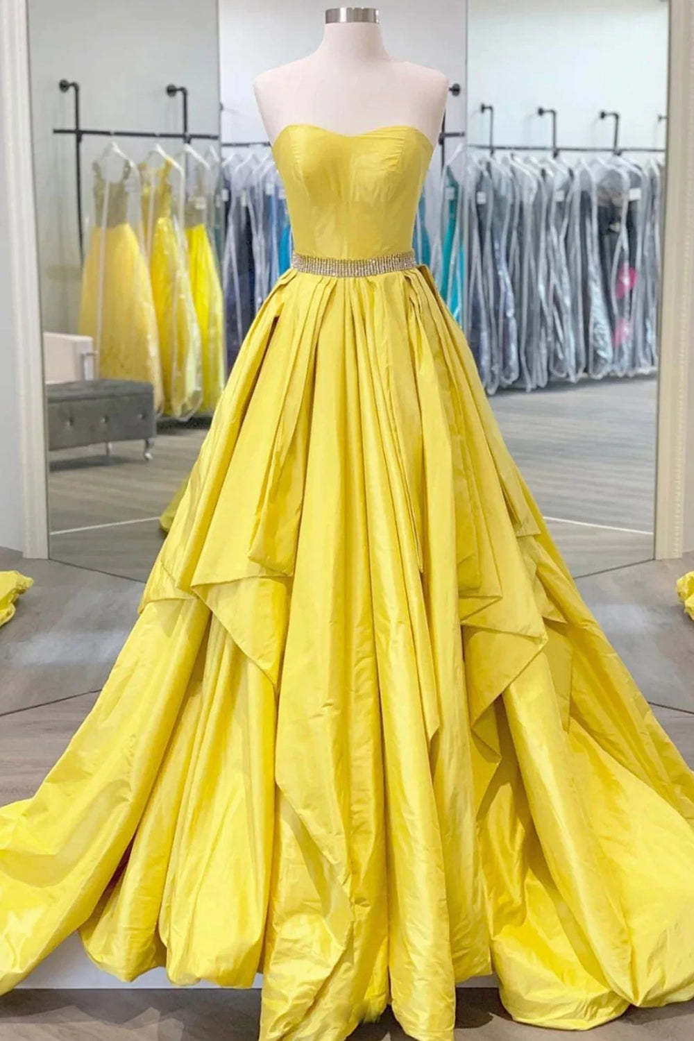 Long Yellow A-Line Prom Dress with Sweetheart Neckline and Beading