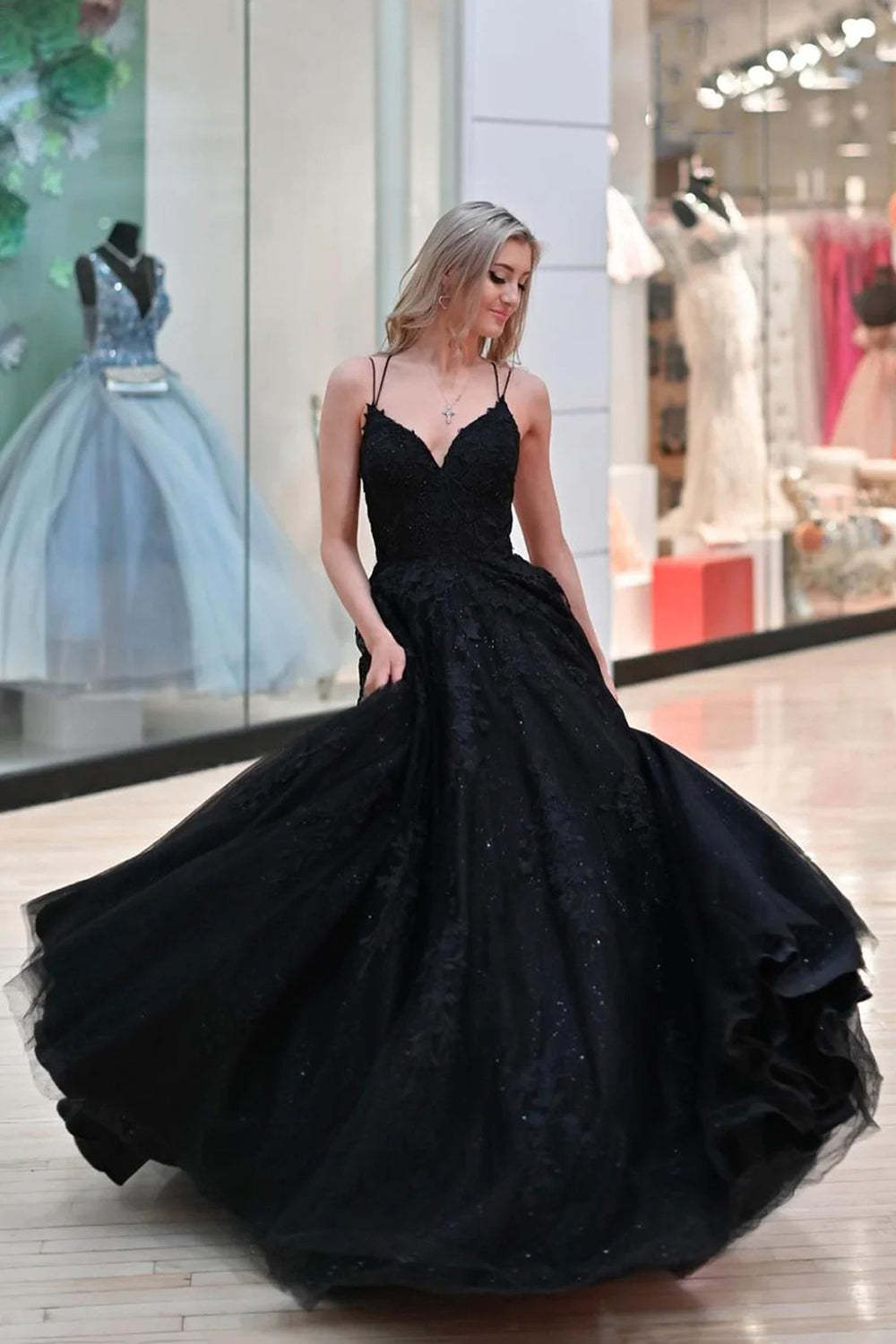Black Long Prom Dress with Spaghetti Straps and Criss Cross Back in A-Line Silhouette