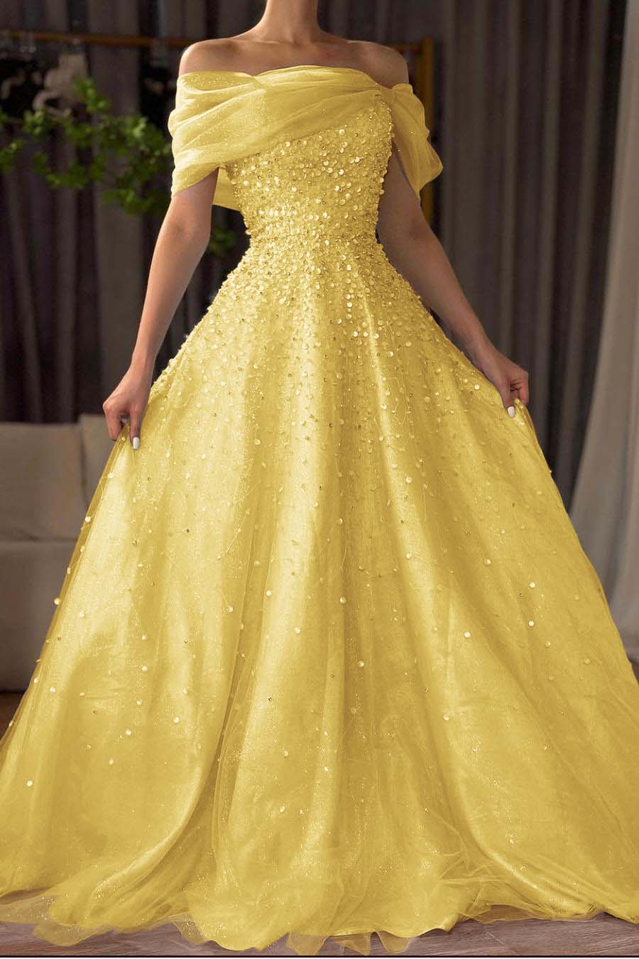 Off the Shoulder Sleeveless Long Formal Dress With Beading Tulle