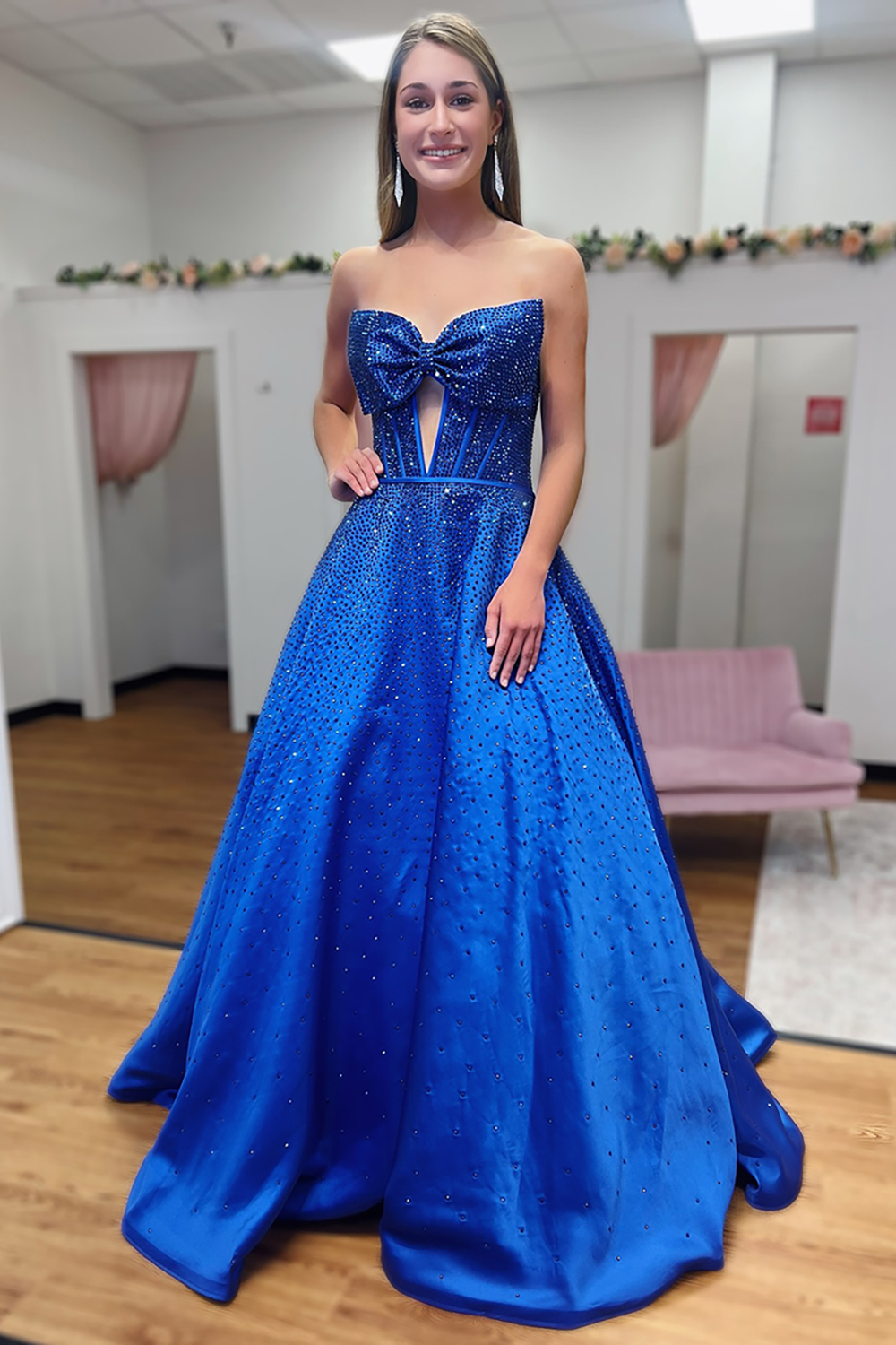 Long Beaded Fuchsia Princess Sweetheart Corset Dress with Prom Bow