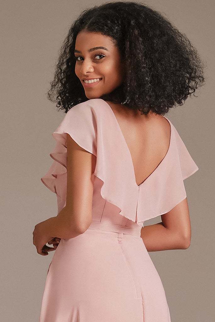 Chiffon Pink Ruffles V-Neck Bridesmaid Dress