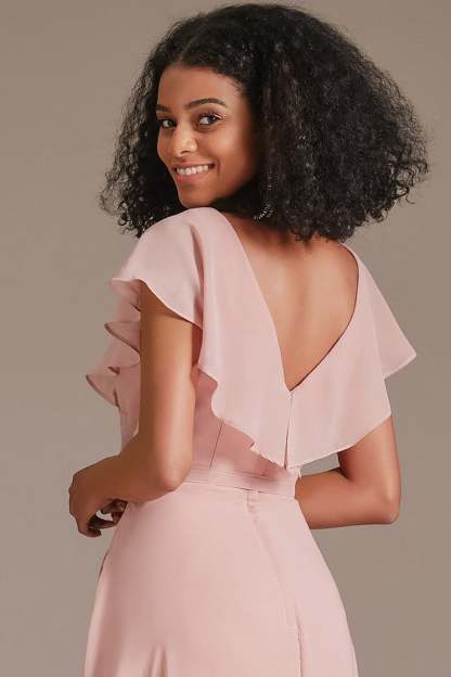 Chiffon Pink Ruffles V-Neck Bridesmaid Dress