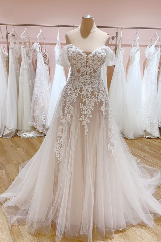 Romantic A-Line Off-the-Shoulder Train Wedding Dress with Sweetheart Backless Tulle