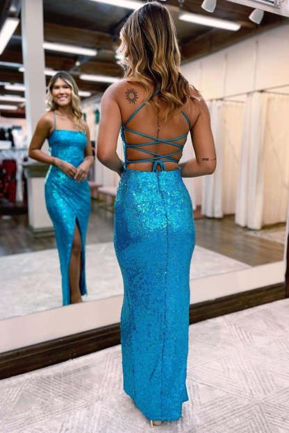Long Blue Sequined Prom Dress with Front Split and Spaghetti Strap Sheath