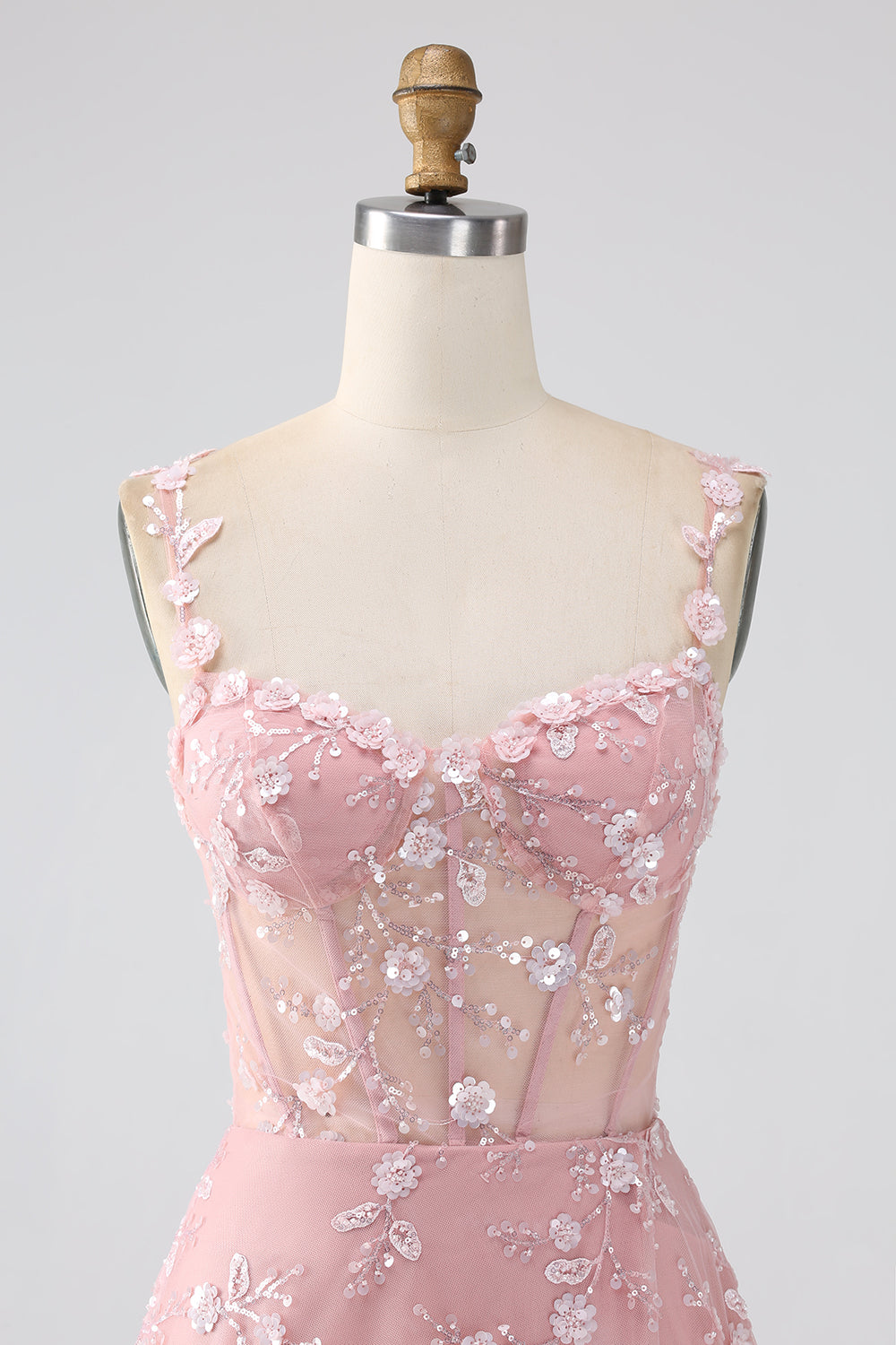 Long Corset Prom Dress in Blush with A-Line Silhouette and Spaghetti Straps Adorned with Appliques