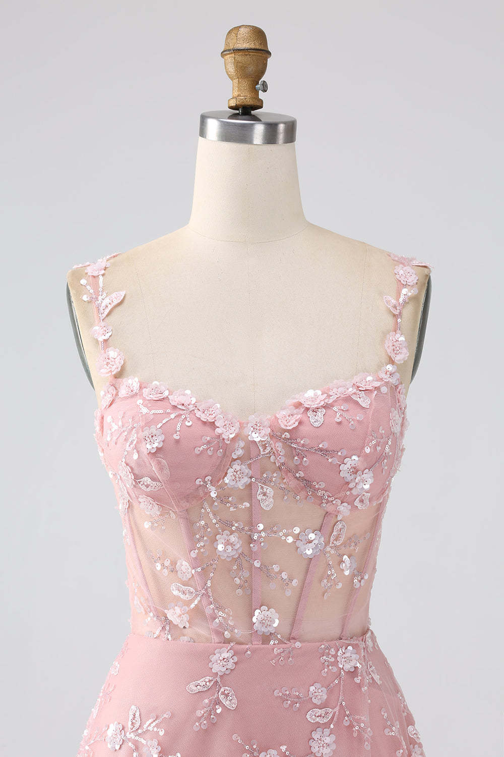 Long Corset Prom Dress in Blush with A-Line Silhouette and Spaghetti Straps Adorned with Appliques