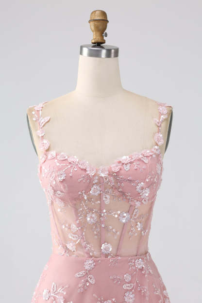 Long Corset Prom Dress in Blush with A-Line Silhouette and Spaghetti Straps Adorned with Appliques