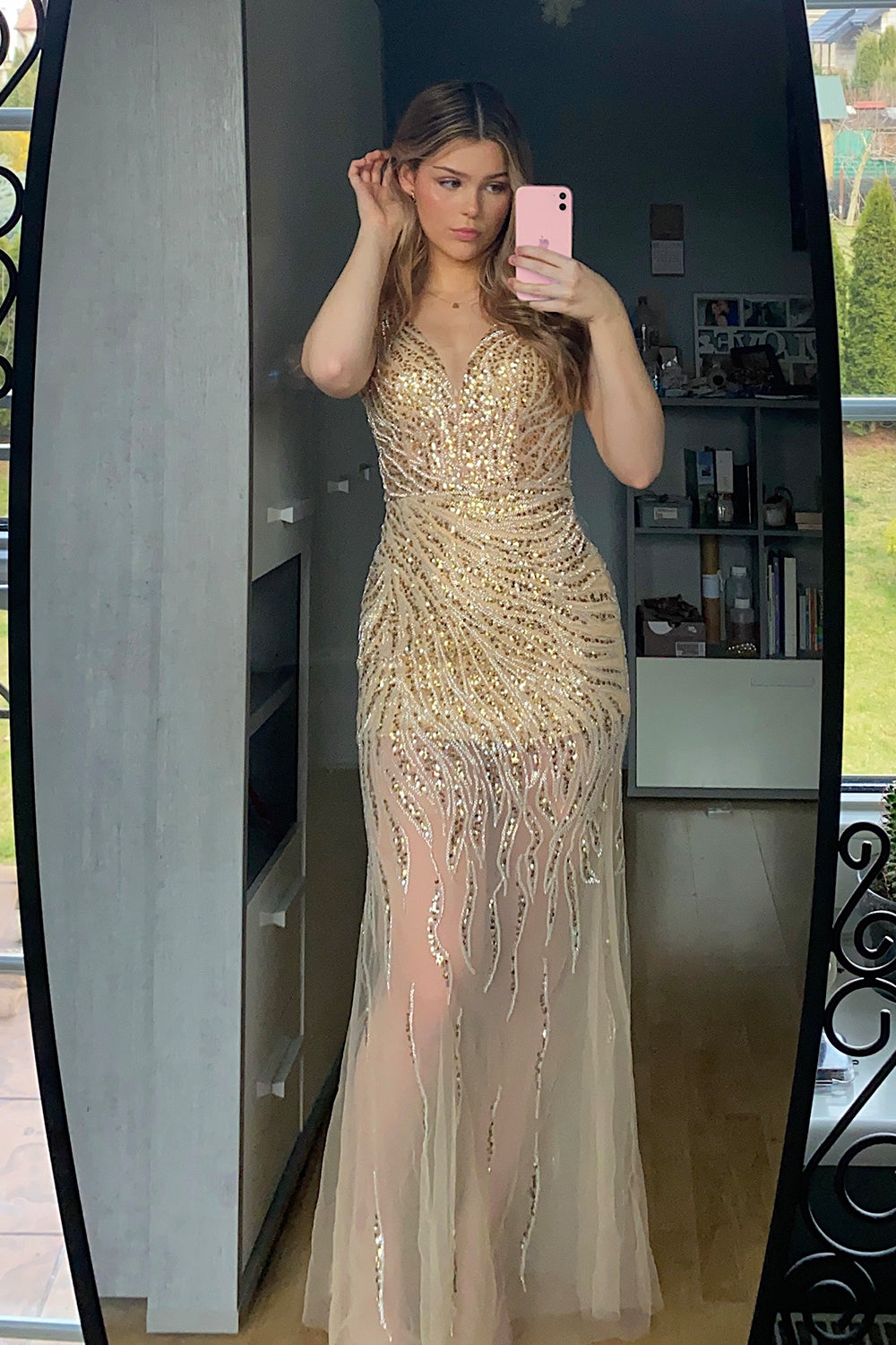 Golden Backless Prom Dress with Deep V Neck in Mermaid Style