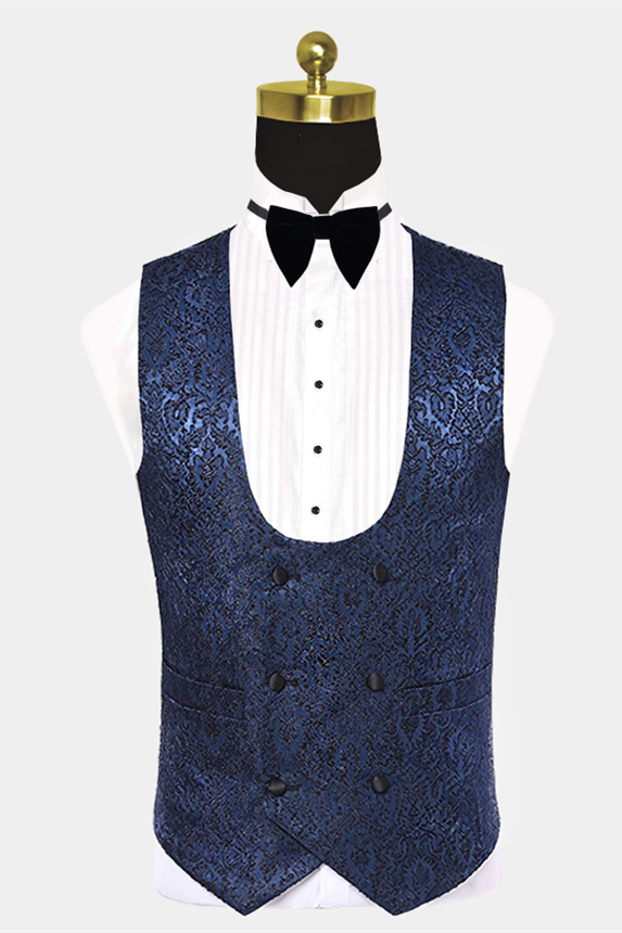 Fashion Dark Navy Damask Floral Summer Wedding Suit with Black Satin Lapel