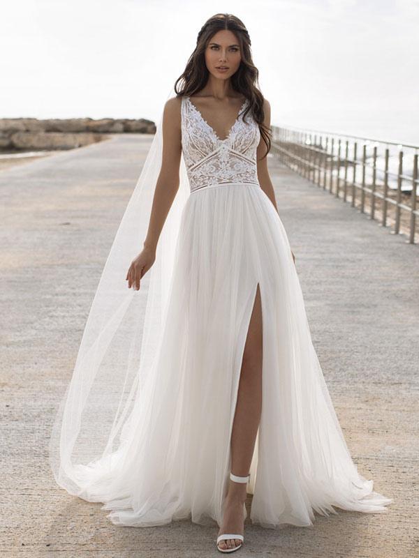 Sleeveless V-Neck Lace Wedding Dress