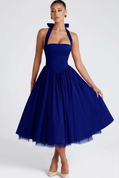 Halter Sleeveless Long A Line Formal Dress With Pleated Tulle