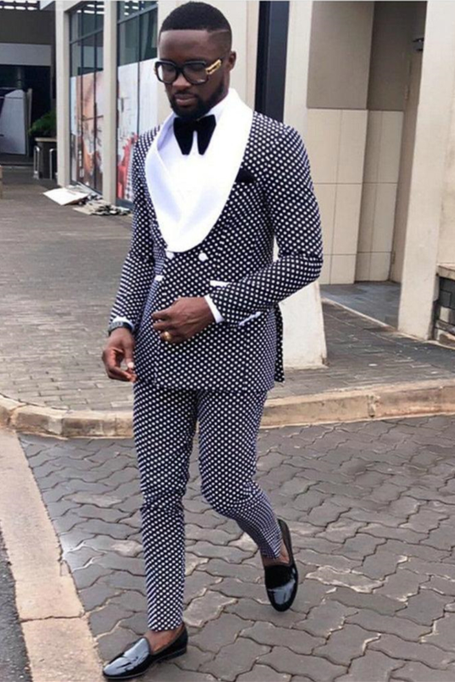 Fashion Black Dot Shawl Lapel Double-Breasted Men's Suit White Lapel