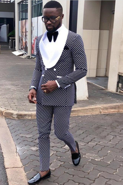 Fashion Black Dot Shawl Lapel Double-Breasted Men's Suit White Lapel