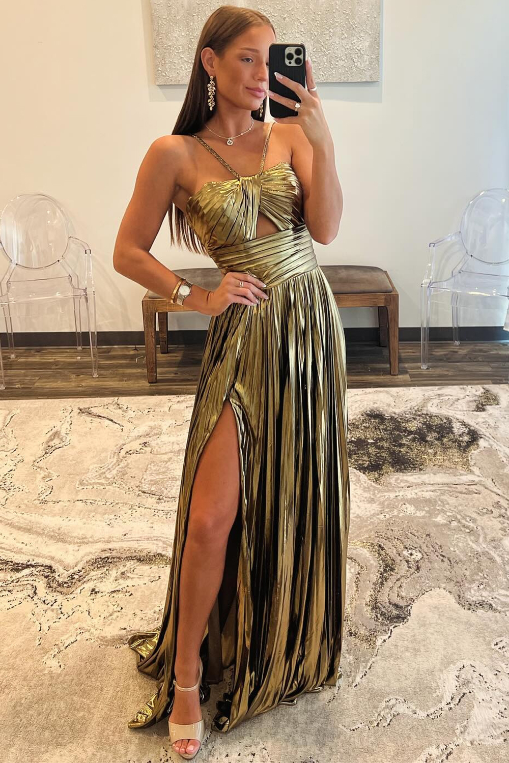 Long Halter Prom Dress in Metallic Fuchsia with Keyhole Slit and A-Line Silhouette