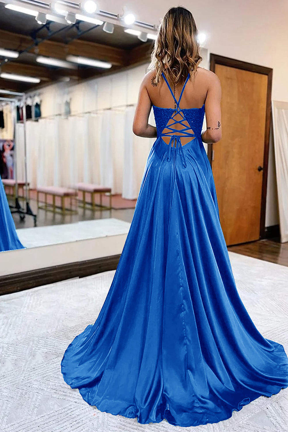 Prom Dress in Dark Green Satin with A-Line Silhouette and Appliques Featuring a Slit