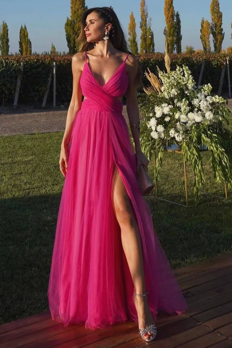Hot Pink Sweetheart Spaghetti-Strapped Slit A-Line Prom Dress (Long Length)