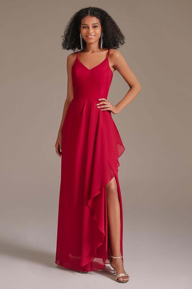 Red Spaghetti-Straps Side Split Bridesmaid Dress