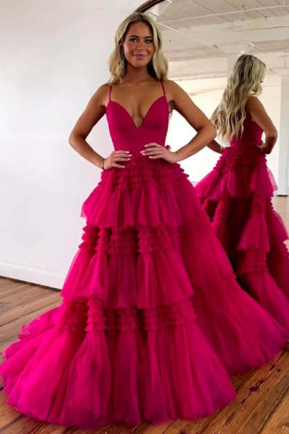 Elegant A-Line Long Tulle Prom Dress with Spaghetti Straps and Side Split
