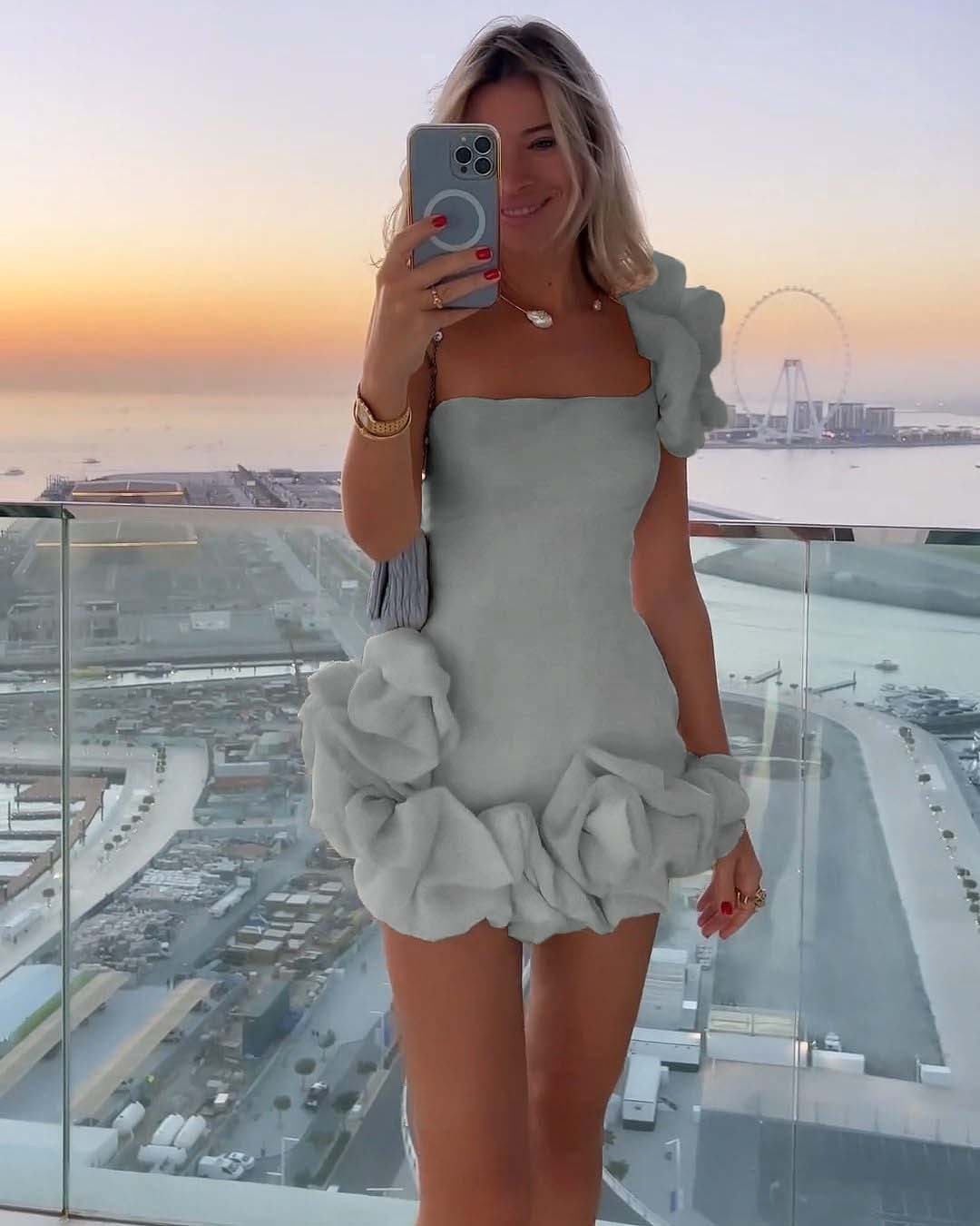 Ivory One-Shoulder Bloom Short Mini cocktail Dress