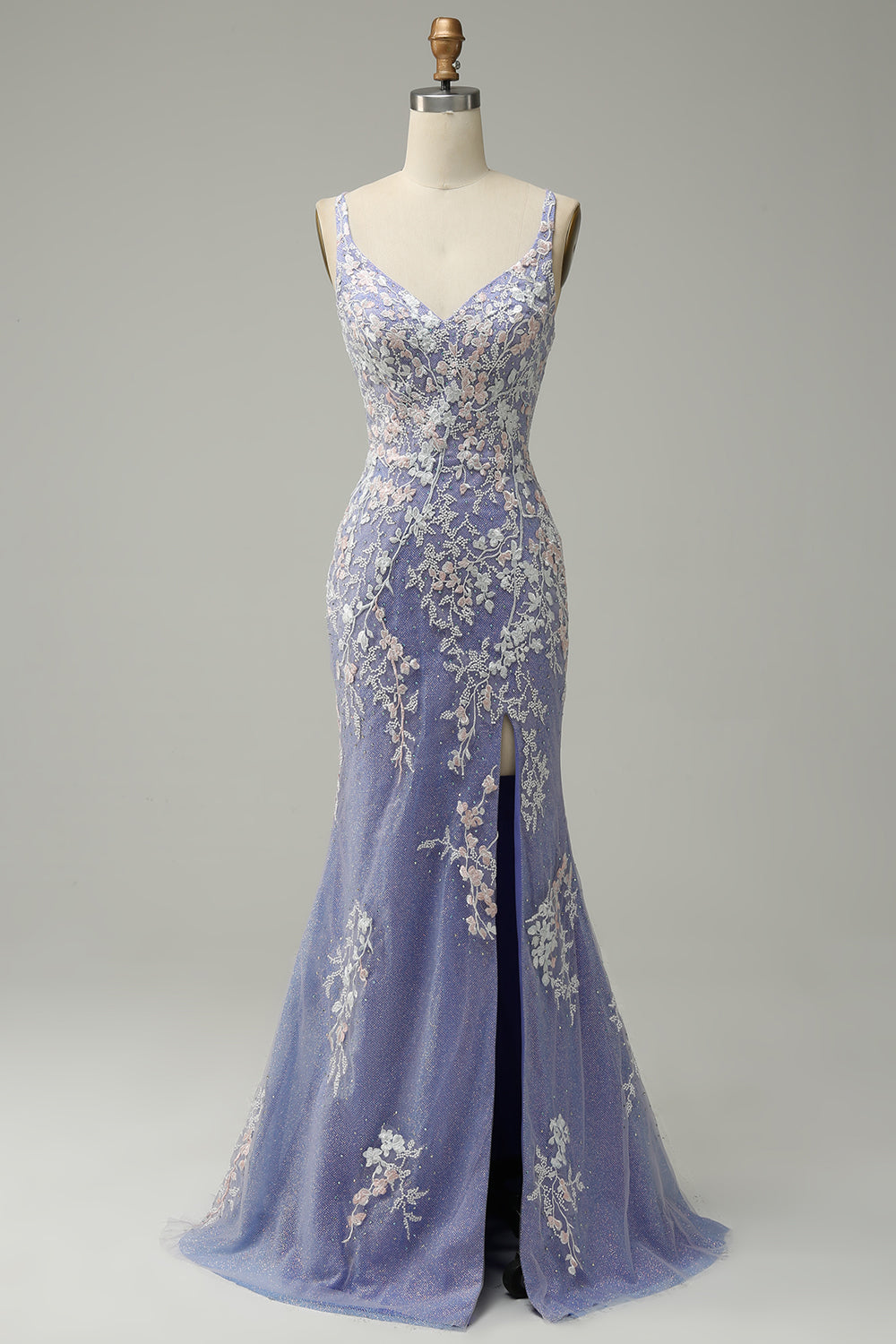 Long Blue Mermaid Prom Dress with Glitter Lace and Slit